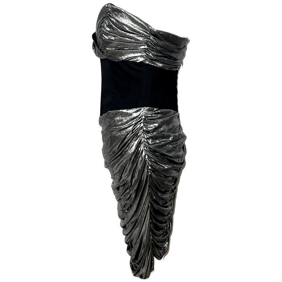 MOSCHINO Vintage 90’s Silver Metallic Lamé Strapless Sweetheart Fitted Dress - Picture 3 of 15